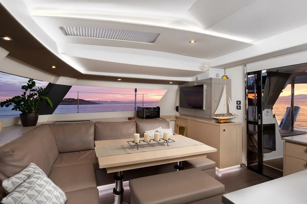 Salon of Balam, a Fountaine Pajot Saba 50 catamaran at La Paz, Mexico