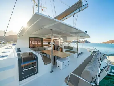 Deck of Balam, a Fountaine Pajot Saba 50 catamaran at La Paz, Mexico