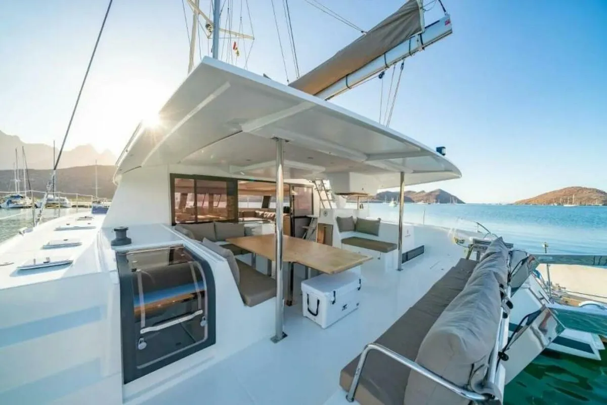 Deck of Balam, a Fountaine Pajot Saba 50 catamaran at La Paz, Mexico