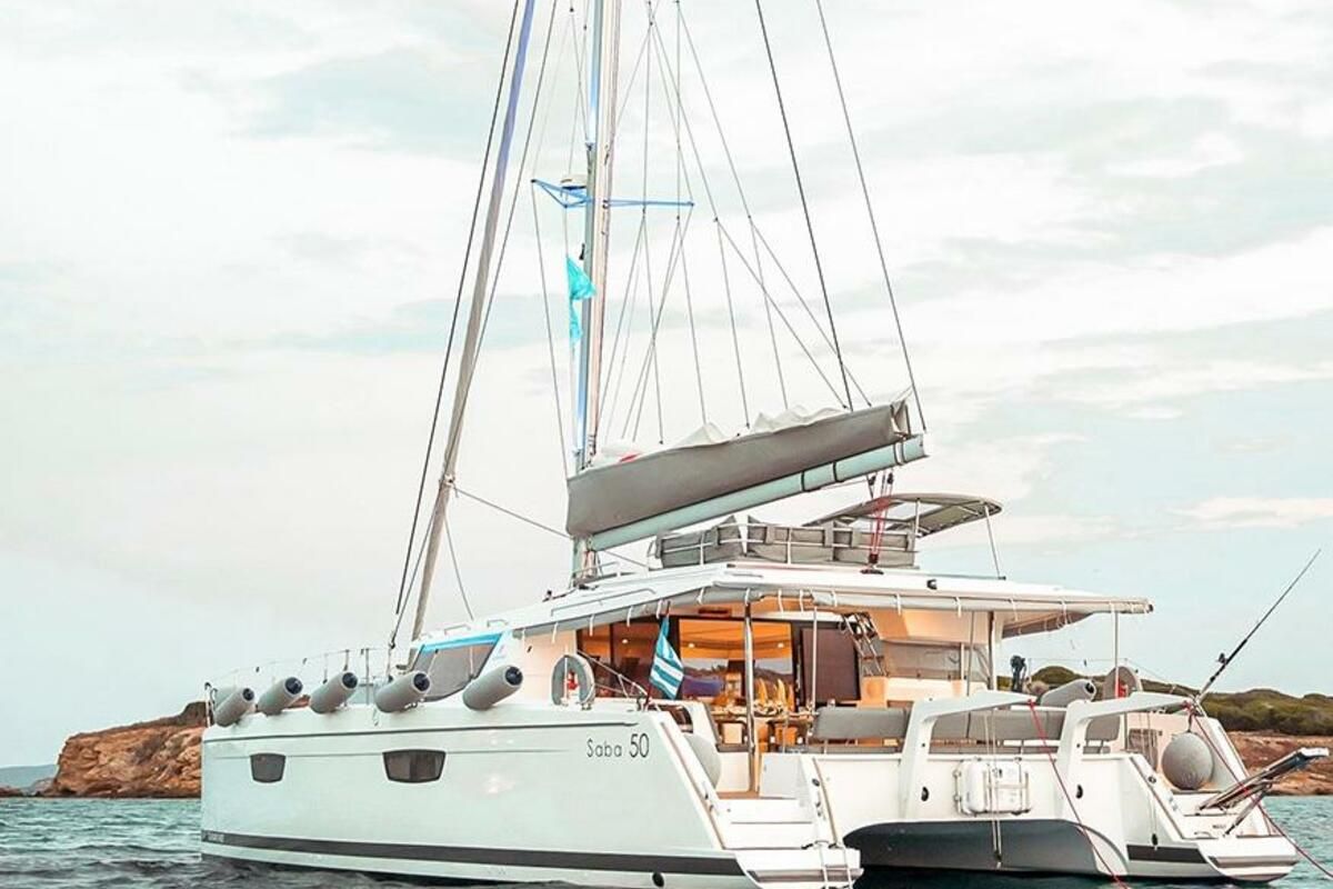Exterior view of Balam, a Fountaine Pajot Saba 50 catamaran at La Paz, Mexico