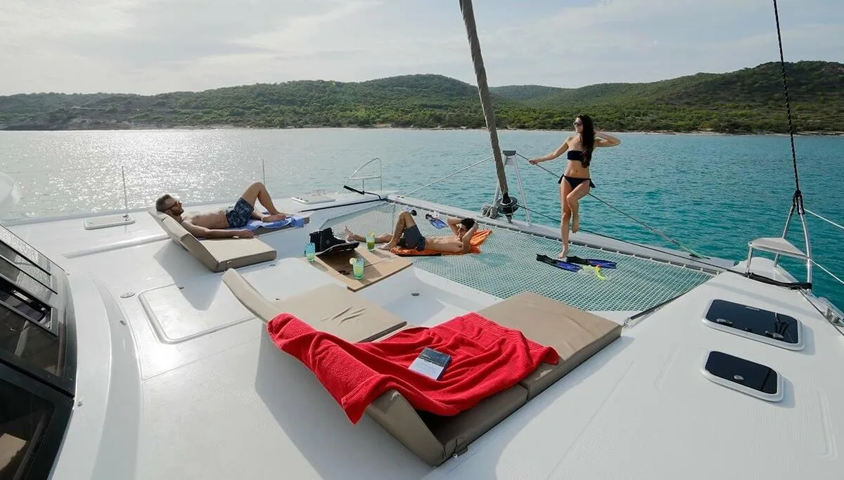 Deck of Balam, a Fountaine Pajot Saba 50 catamaran at La Paz, Mexico