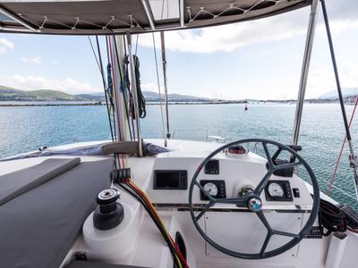 Cockpit of Vallejo, a Bali 4.0 catamaran at Municipal Unit of Lefkada, Greece