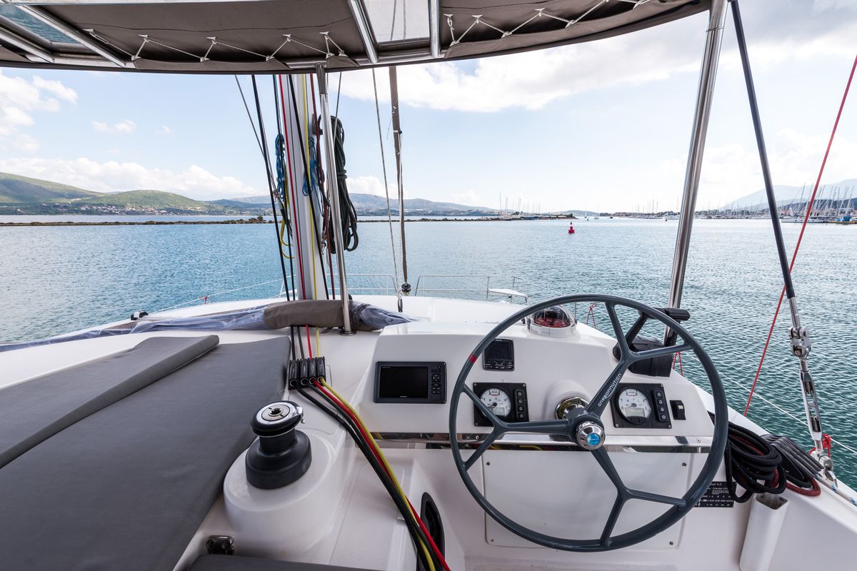 Cockpit of Vallejo, a Bali 4.0 catamaran at Municipal Unit of Lefkada, Greece