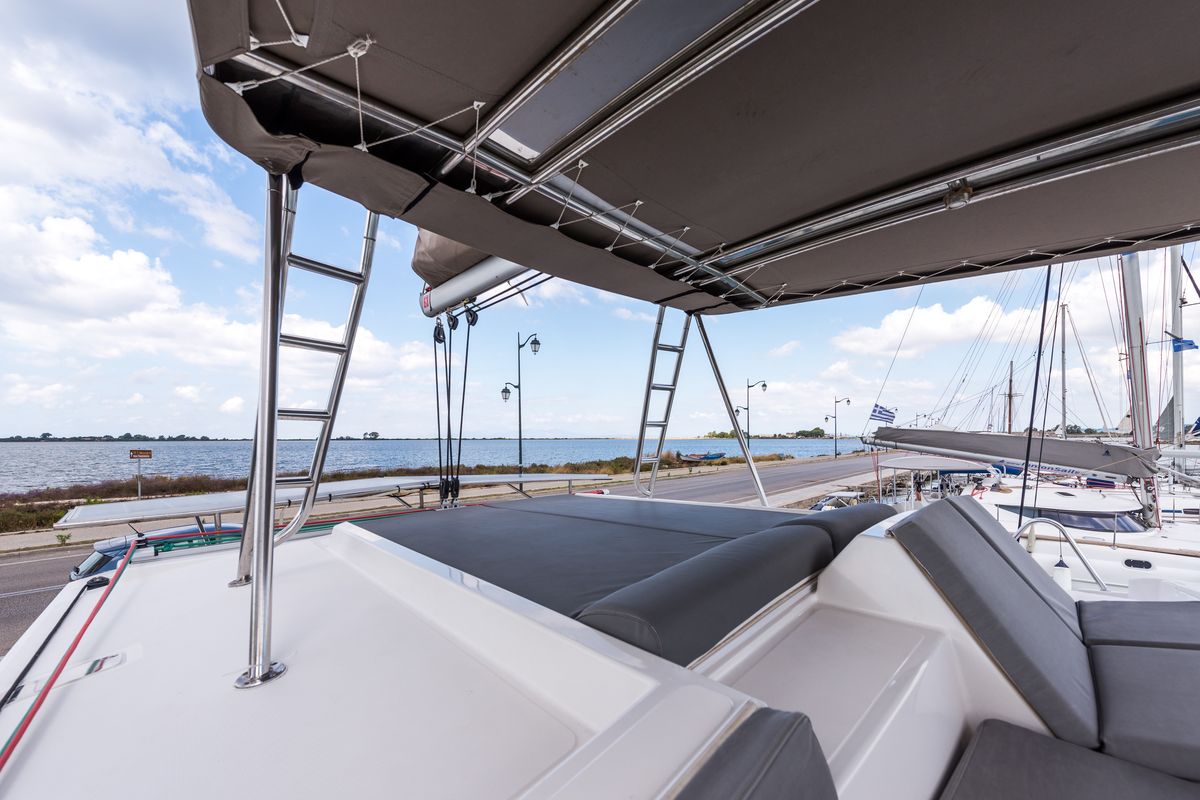Deck of Vallejo, a Bali 4.0 catamaran at Municipal Unit of Lefkada, Greece