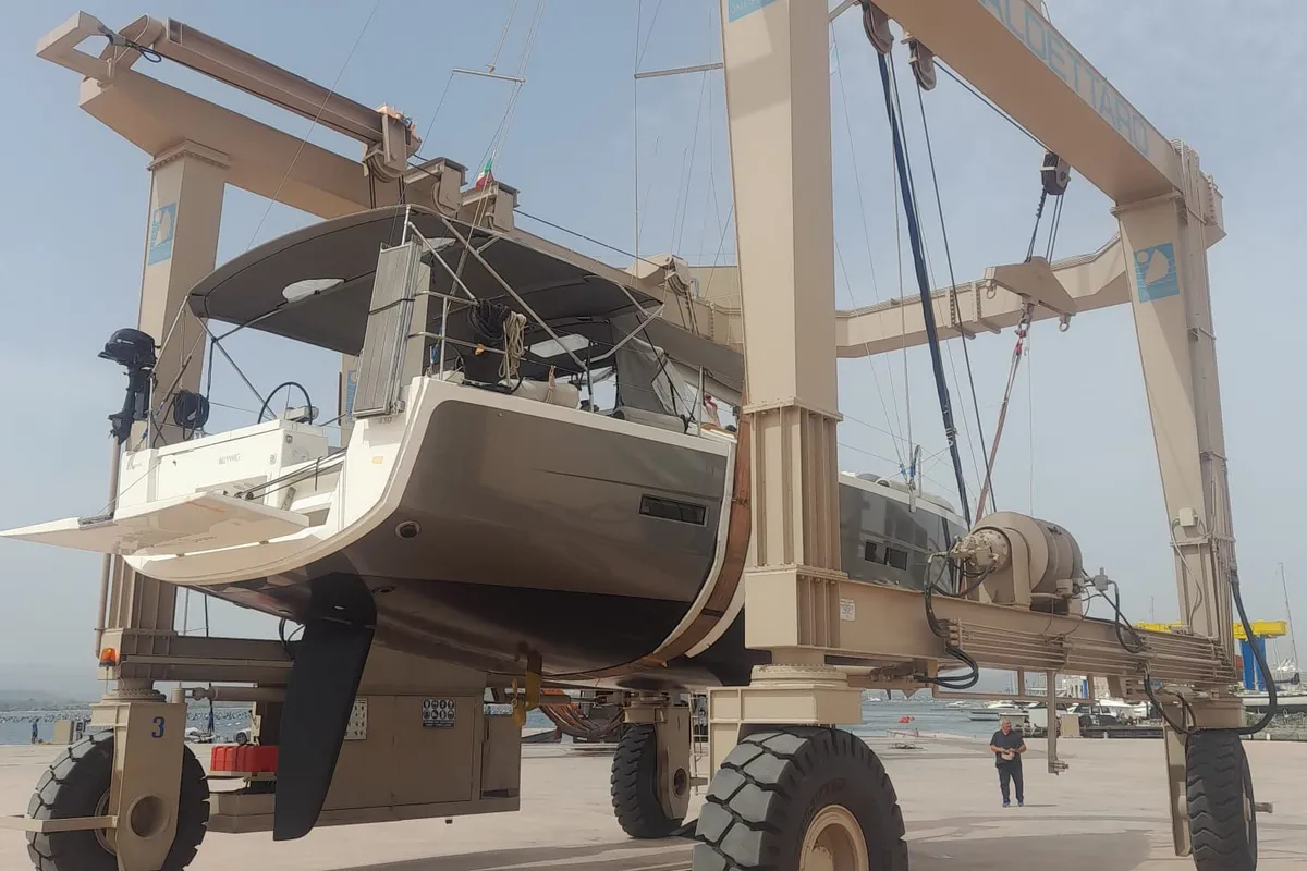 Exterior view of Billywig, a Dufour 430 sailboat at Olbia, Italy