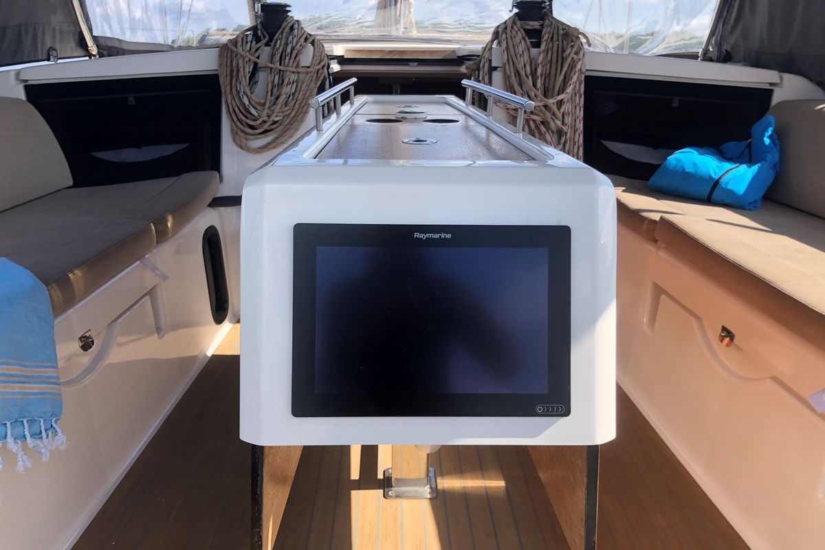 Cockpit of Billywig, a Dufour 430 sailboat at Olbia, Italy