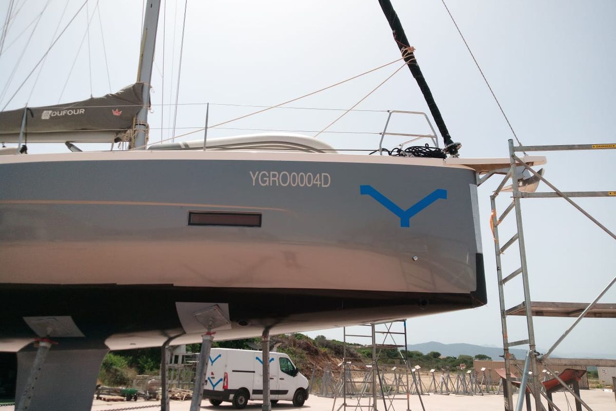 Exterior view of Billywig, a Dufour 430 sailboat at Olbia, Italy