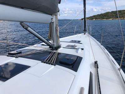 Deck of Billywig, a Dufour 430 sailboat at Olbia, Italy