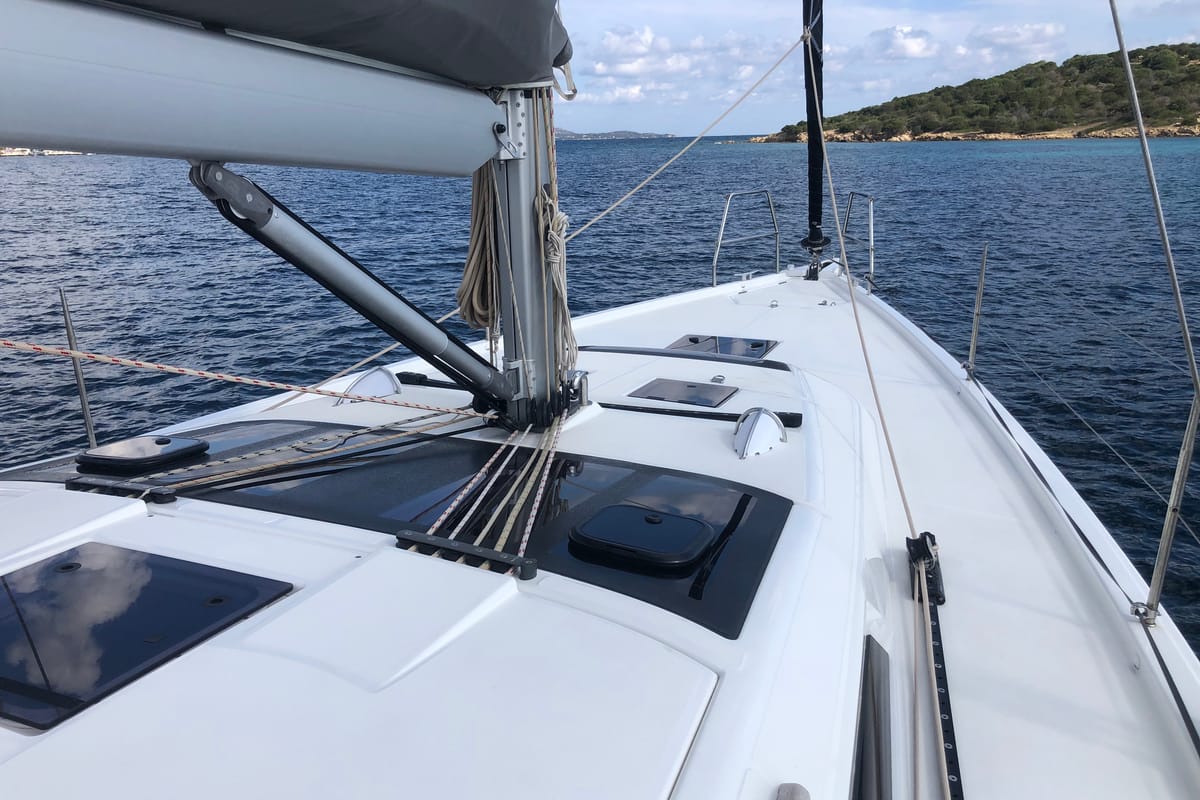 Deck of Billywig, a Dufour 430 sailboat at Olbia, Italy