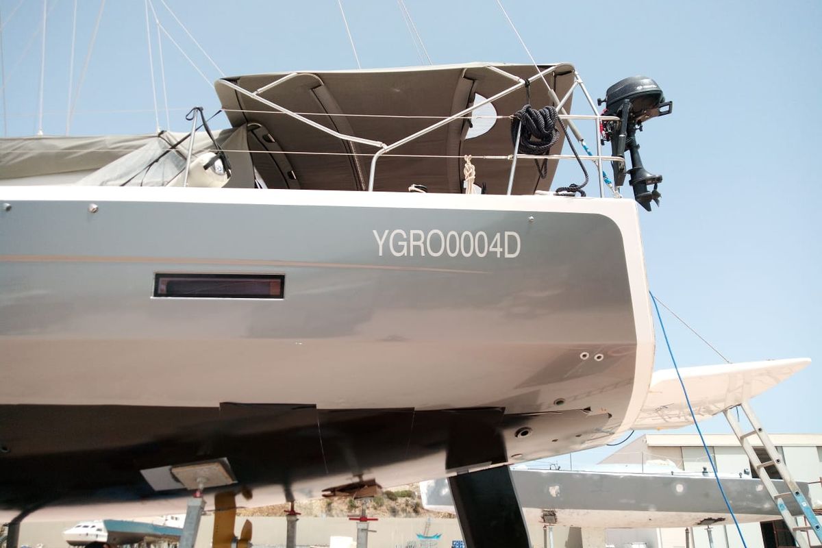 Exterior view of Billywig, a Dufour 430 sailboat at Olbia, Italy