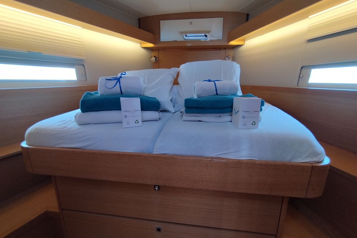 Cabin on Billywig, a Dufour 430 sailboat at Olbia, Italy