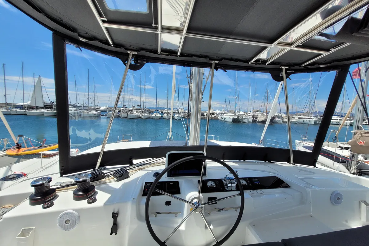 Cockpit of Pergisos, a Lagoon 46 catamaran at Municipal Unit of Ellomenos, Greece