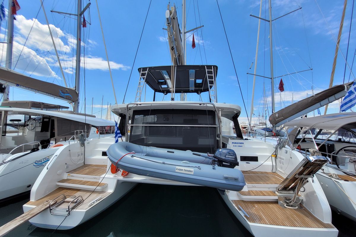 Exterior view of Pergisos, a Lagoon 46 catamaran at Municipal Unit of Ellomenos, Greece