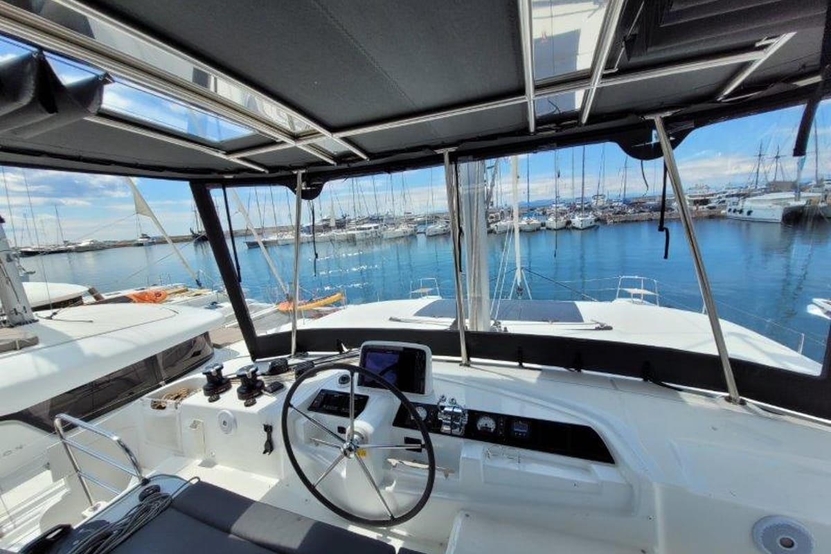 Cockpit of Pergisos, a Lagoon 46 catamaran at Municipal Unit of Ellomenos, Greece