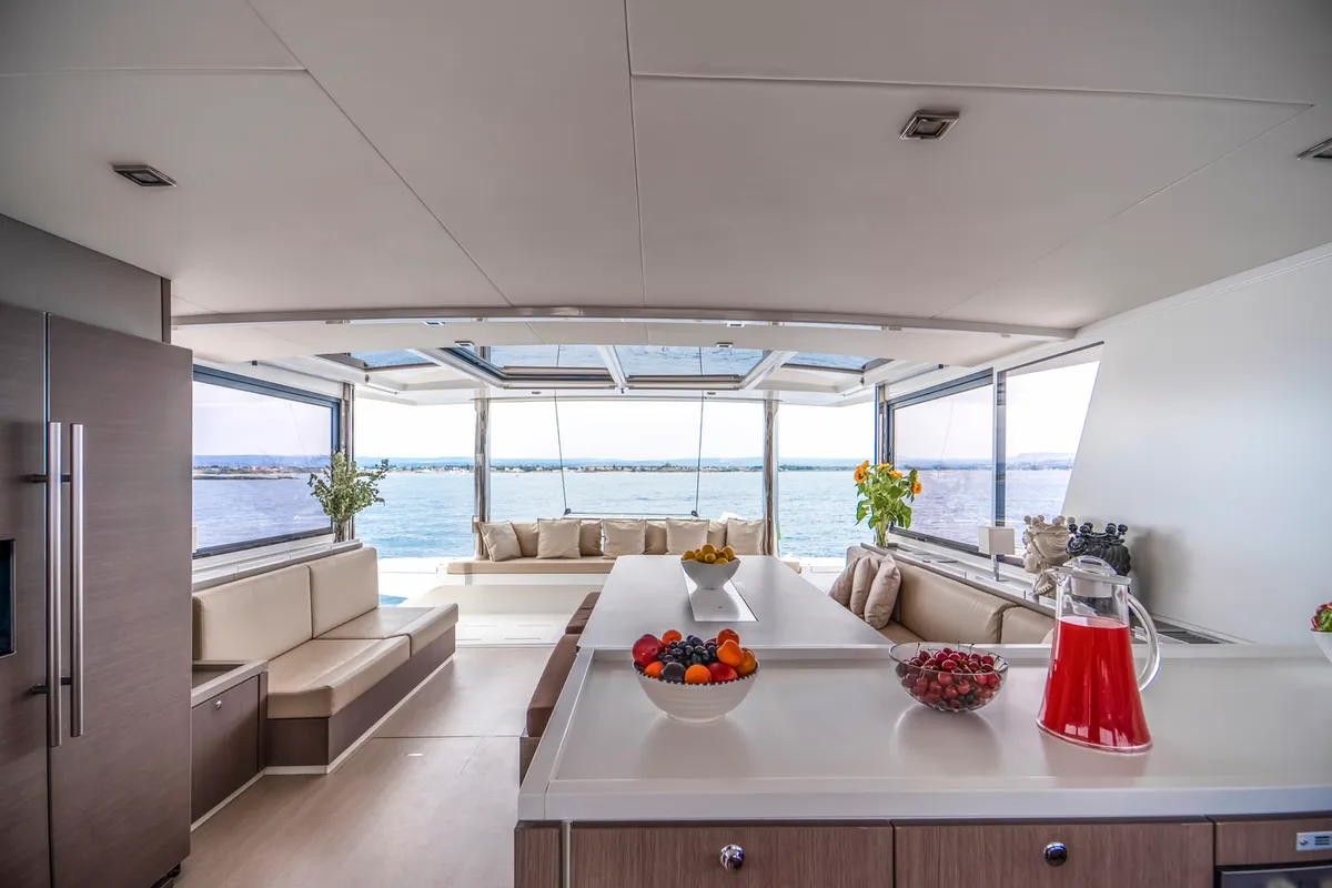 Salon of Sikelia, a Bali 5.4 catamaran at Capo d'Orlando, Italy