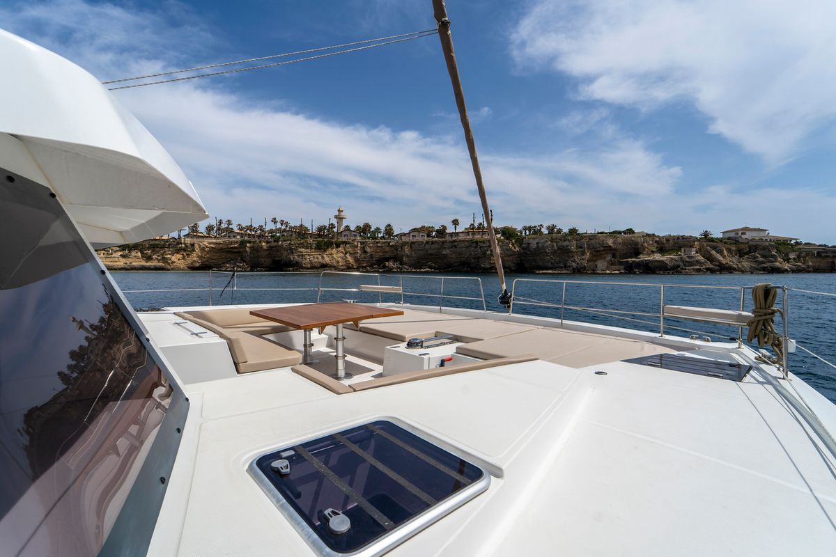 Deck of Sikelia, a Bali 5.4 catamaran at Capo d'Orlando, Italy