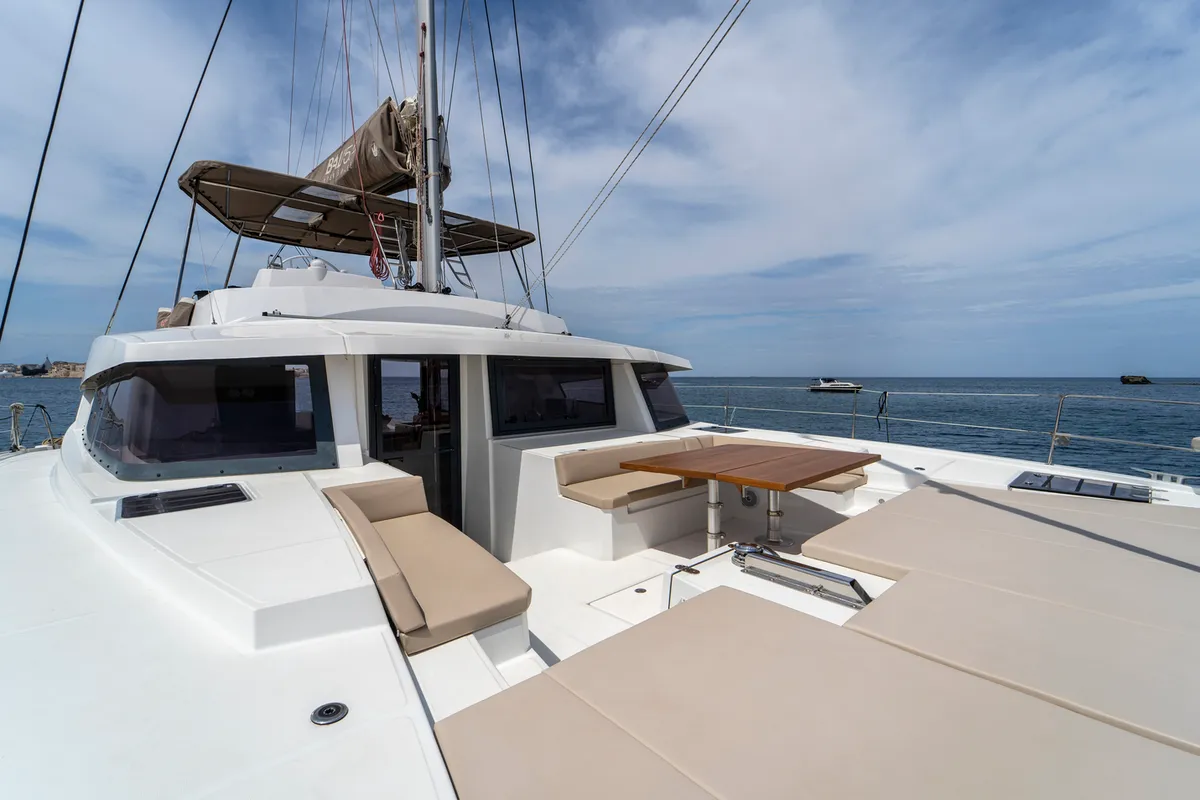 Deck of Sikelia, a Bali 5.4 catamaran at Capo d'Orlando, Italy