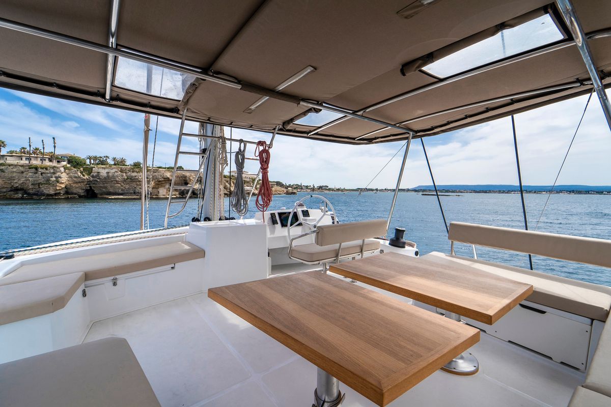 Deck of Sikelia, a Bali 5.4 catamaran at Capo d'Orlando, Italy