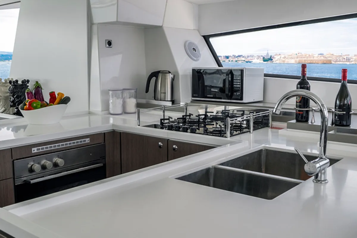 Galley of Sikelia, a Bali 5.4 catamaran at Capo d'Orlando, Italy
