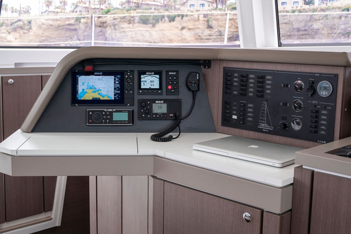 Cockpit of Sikelia, a Bali 5.4 catamaran at Capo d'Orlando, Italy
