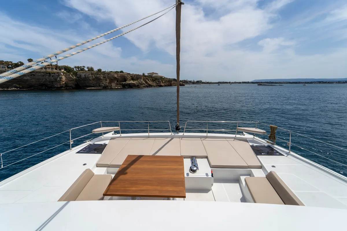 Deck of Sikelia, a Bali 5.4 catamaran at Capo d'Orlando, Italy