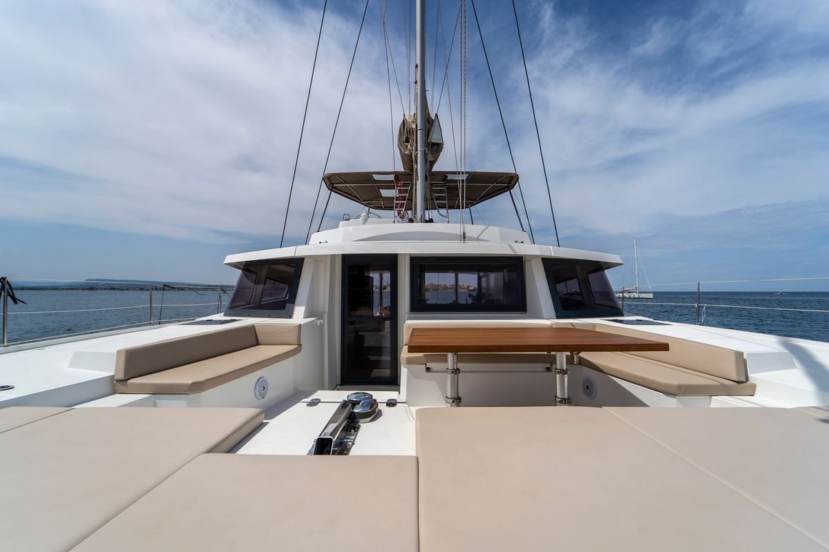 Deck of Sikelia, a Bali 5.4 catamaran at Capo d'Orlando, Italy