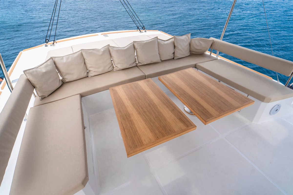 Deck of Sikelia, a Bali 5.4 catamaran at Capo d'Orlando, Italy