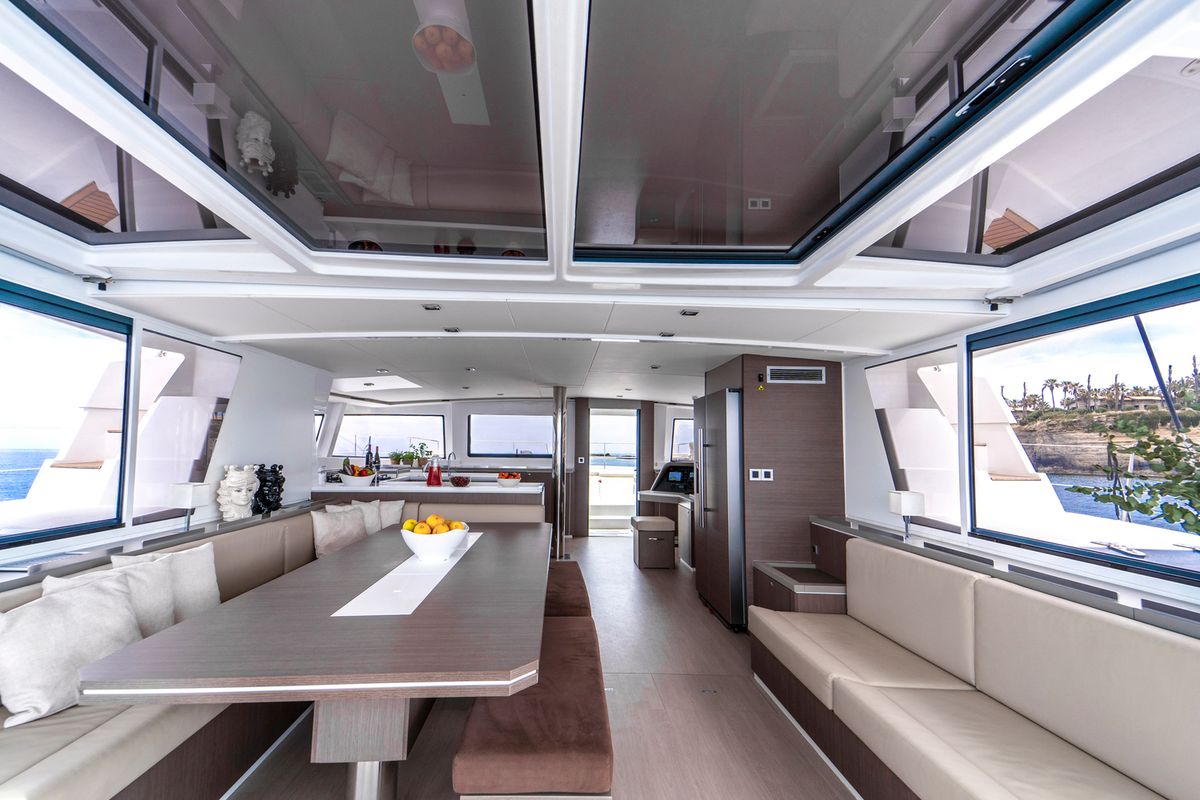Salon of Sikelia, a Bali 5.4 catamaran at Capo d'Orlando, Italy