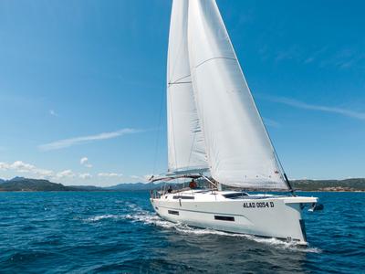 Exterior view of Olimpia, a Dufour 530 sailboat at Cannigione, Italy