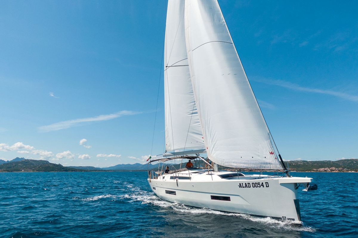 Exterior view of Olimpia, a Dufour 530 sailboat at Cannigione, Italy