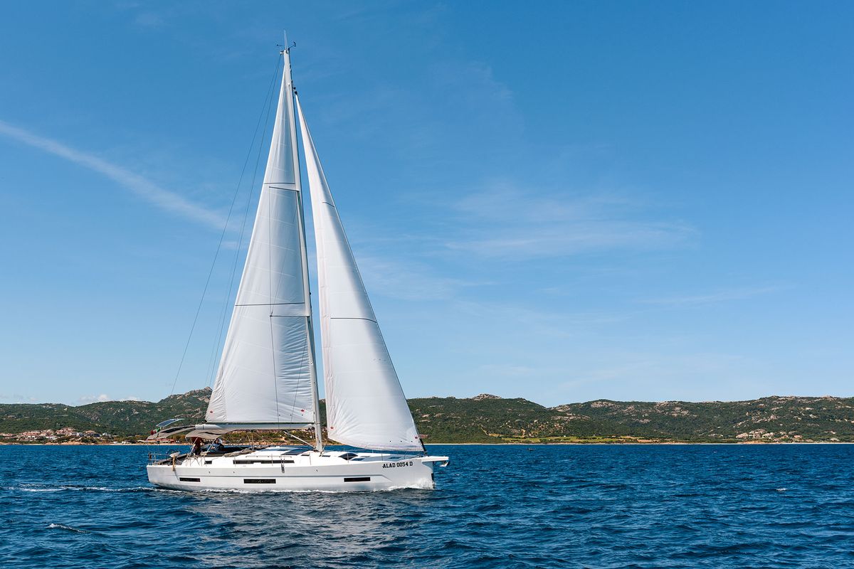 Exterior view of Olimpia, a Dufour 530 sailboat at Cannigione, Italy