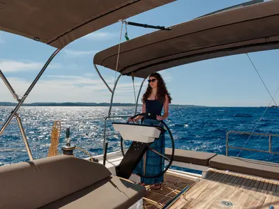 Cockpit of Olimpia, a Dufour 530 sailboat at Cannigione, Italy