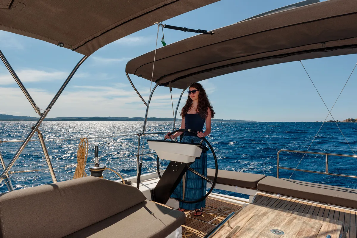Cockpit of Olimpia, a Dufour 530 sailboat at Cannigione, Italy