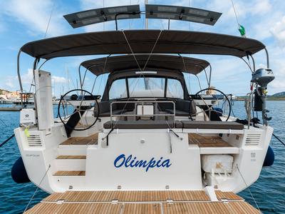 Deck of Olimpia, a Dufour 530 sailboat at Cannigione, Italy