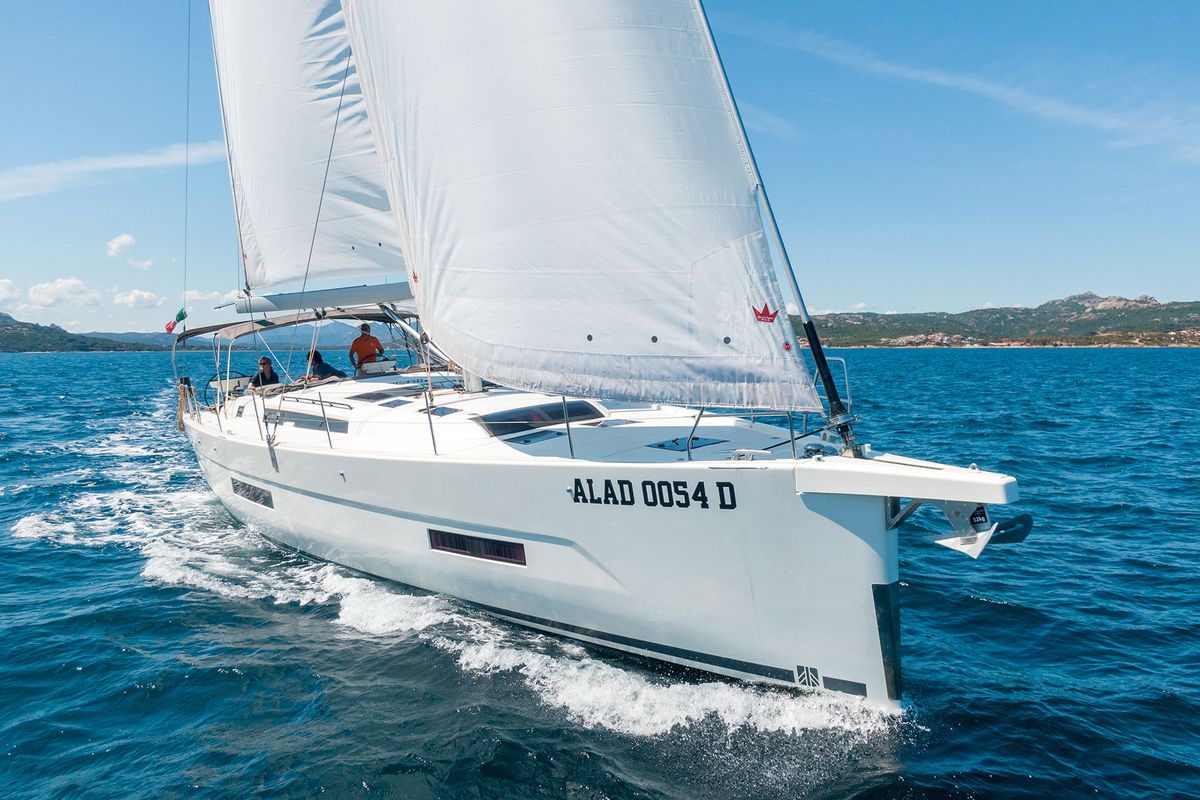 Exterior view of Olimpia, a Dufour 530 sailboat at Cannigione, Italy