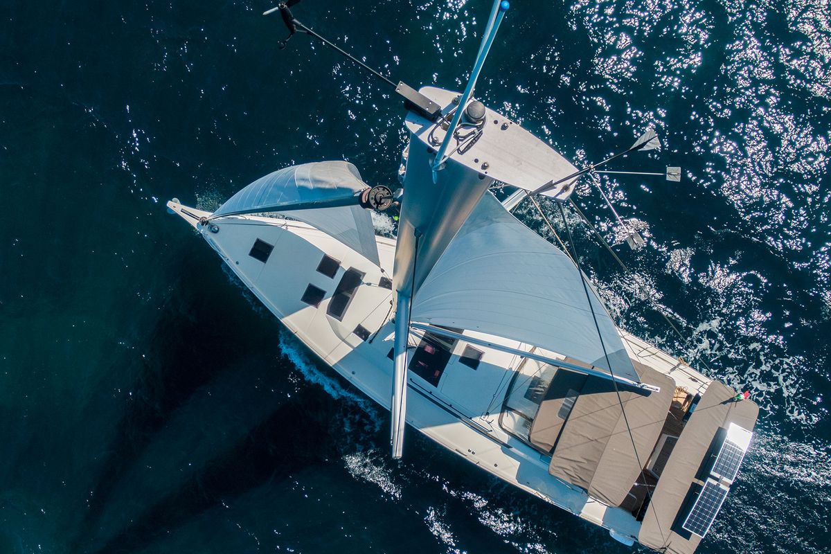 Exterior view of Olimpia, a Dufour 530 sailboat at Cannigione, Italy