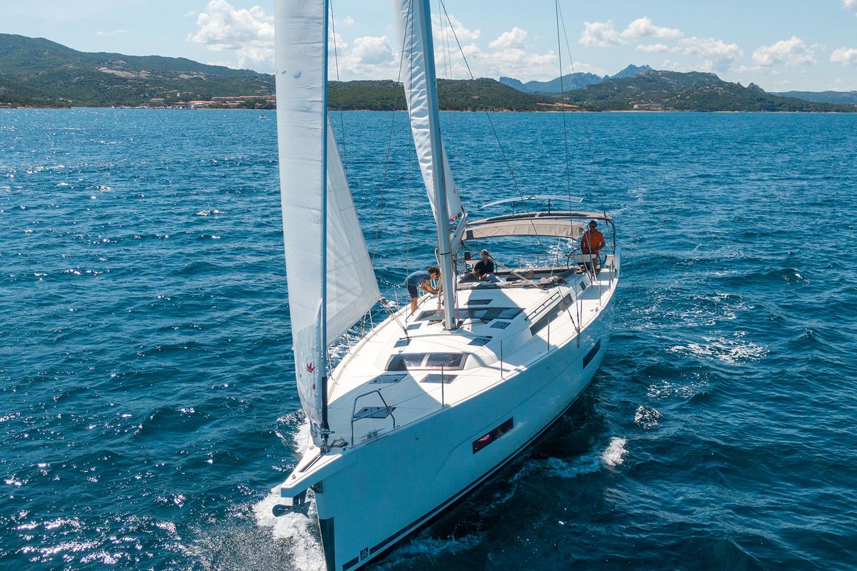 Exterior view of Olimpia, a Dufour 530 sailboat at Cannigione, Italy