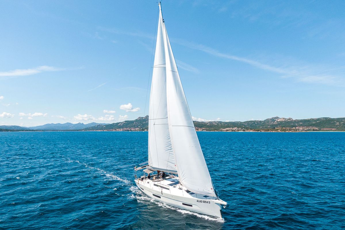 Exterior view of Olimpia, a Dufour 530 sailboat at Cannigione, Italy