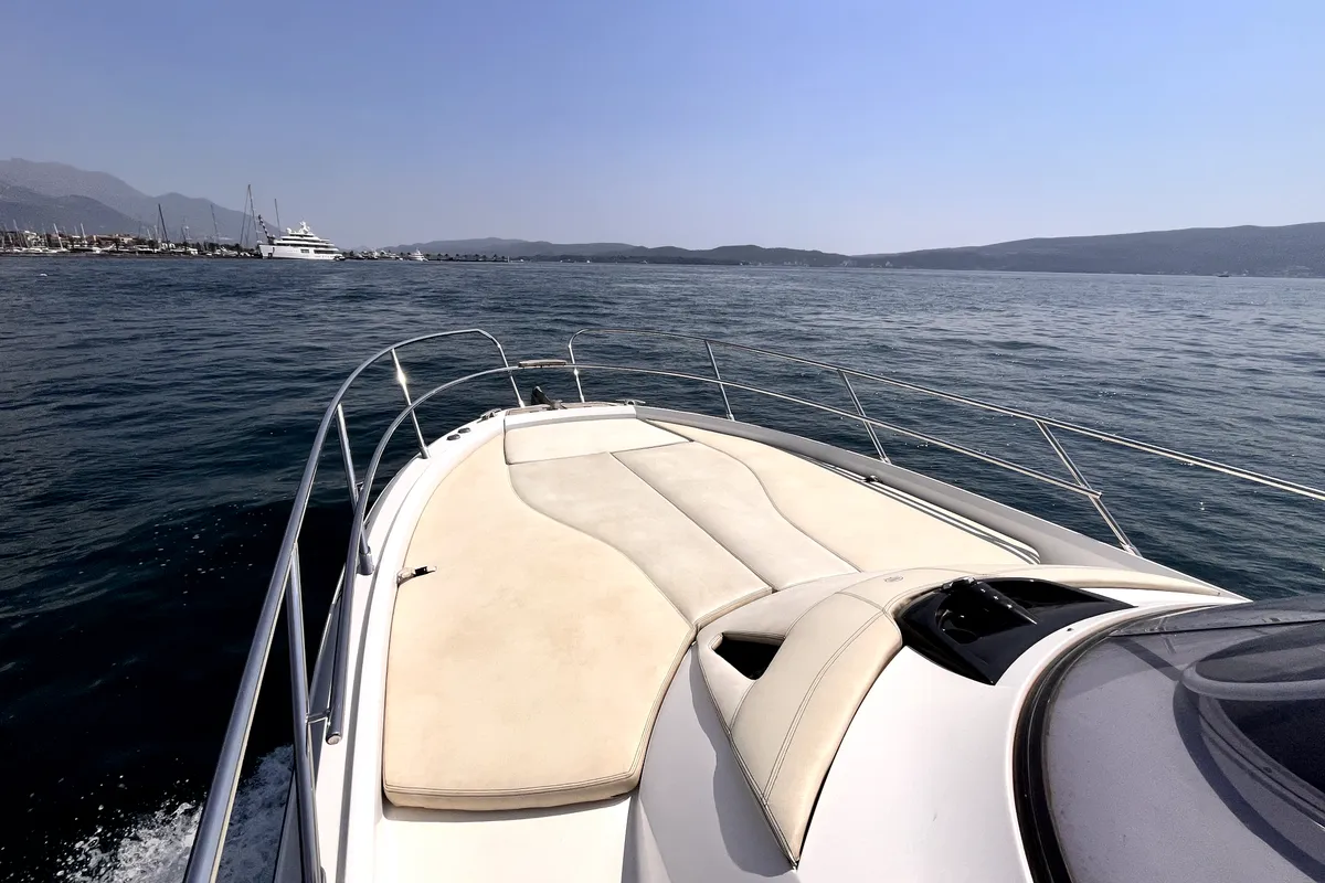 Deck of Zefirka, a Sessa Marine Key Largo 36 motorboat at Tivat, Montenegro