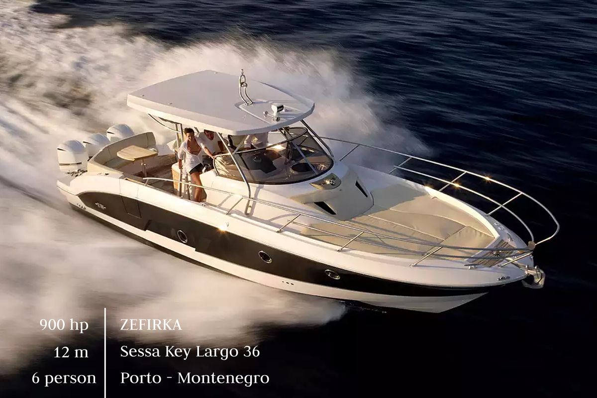 Exterior view of Zefirka, a Sessa Marine Key Largo 36 motorboat at Tivat, Montenegro
