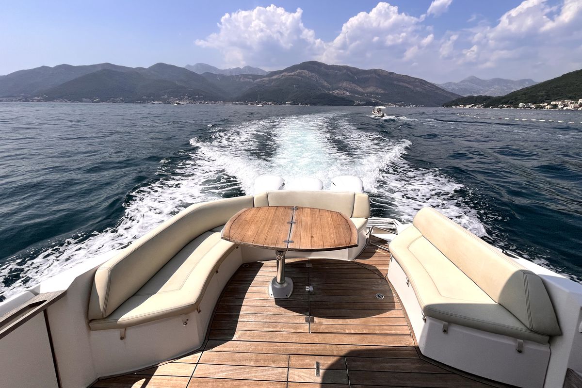 Deck of Zefirka, a Sessa Marine Key Largo 36 motorboat at Tivat, Montenegro