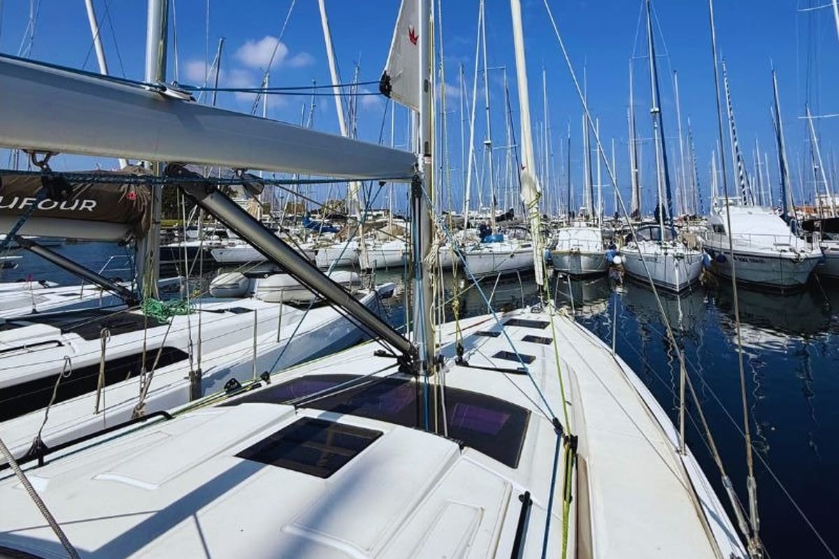 Deck of Cassiopea, a Dufour 41 sailboat at Palermo, Italy
