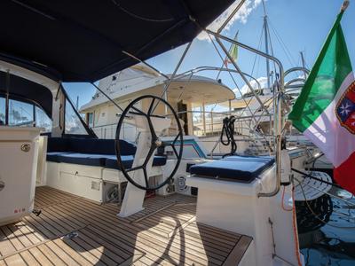 Cockpit of Hybris, a Beneteau Oceanis 51.1 sailboat at Tonnarella, Italy