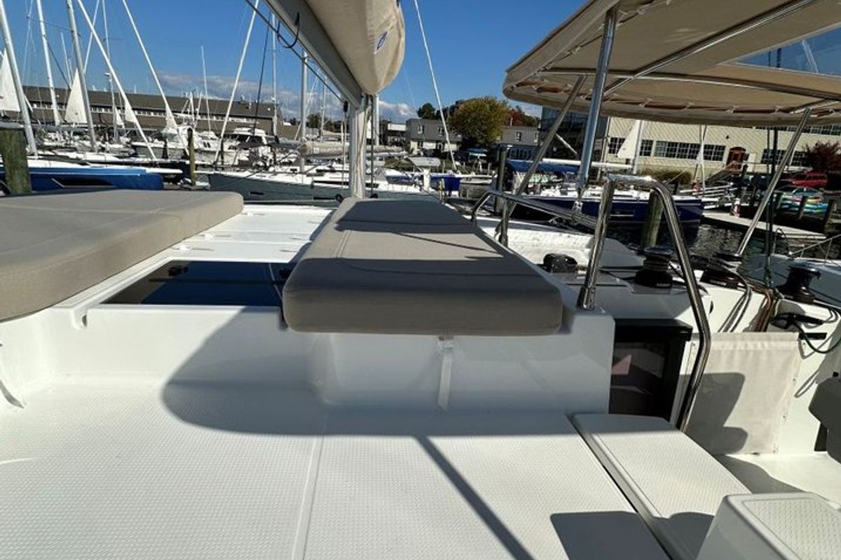 Deck of Selah, a Fountaine Pajot FP 44 Maestro catamaran at Road Town, British Virgin Islands