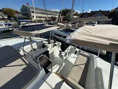 Cockpit of Selah, a Fountaine Pajot FP 44 Maestro catamaran at Road Town, British Virgin Islands
