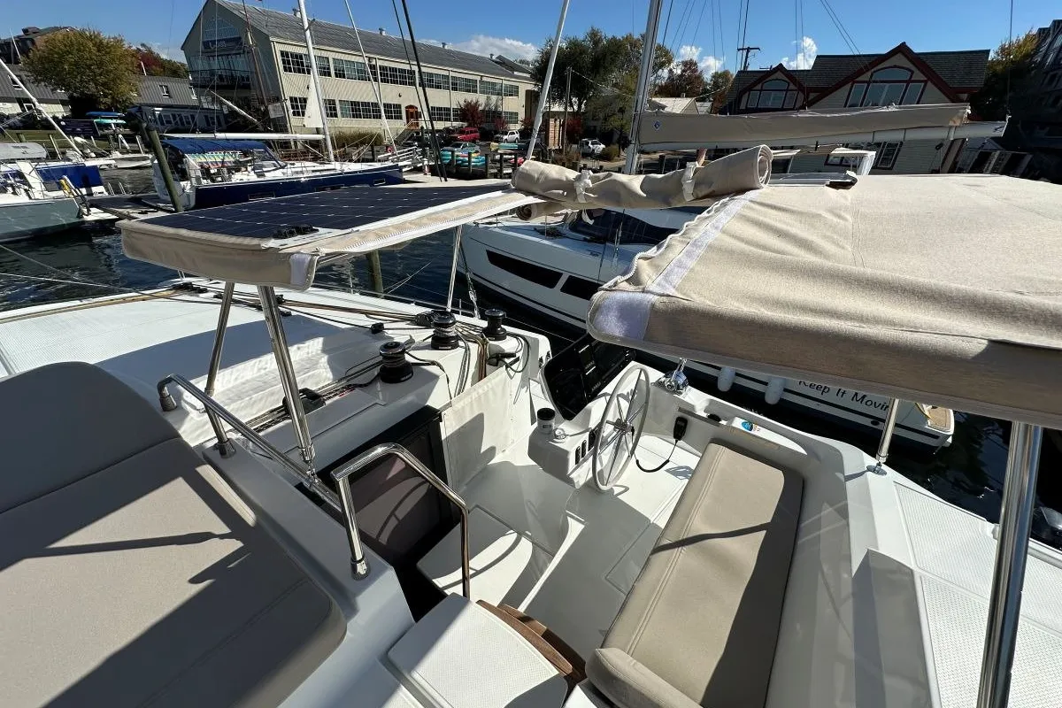 Cockpit of Selah, a Fountaine Pajot FP 44 Maestro catamaran at Road Town, British Virgin Islands