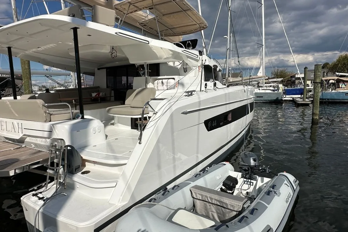 Exterior view of Selah, a Fountaine Pajot FP 44 Maestro catamaran at Road Town, British Virgin Islands