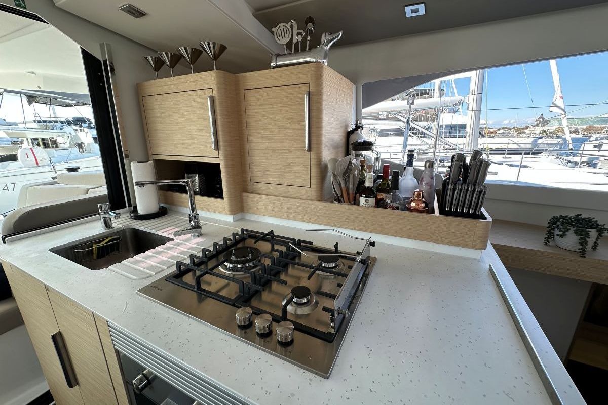 Galley of Selah, a Fountaine Pajot FP 44 Maestro catamaran at Road Town, British Virgin Islands