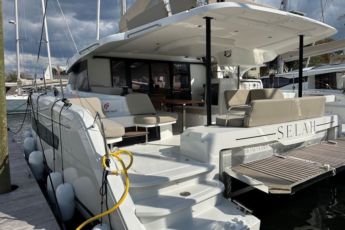 Exterior view of Selah, a Fountaine Pajot FP 44 Maestro catamaran at Road Town, British Virgin Islands