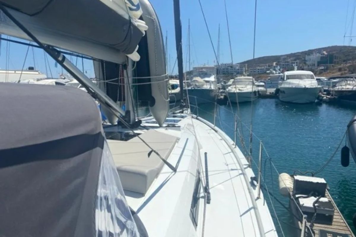 Exterior view of Okeanida, a Hanse Yachts Hanse 460 sailboat at Lavreotiki Municipal Unit, Greece